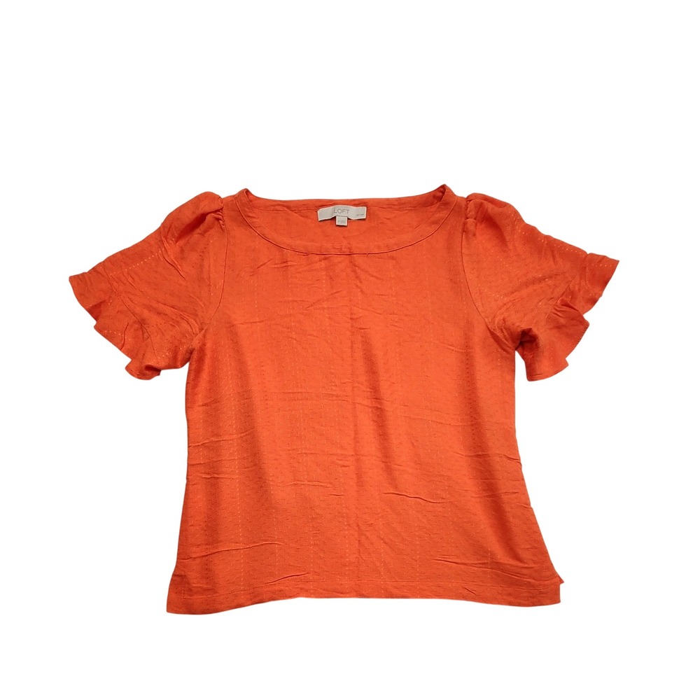 LOFT Ruffle Short Sleeve Textured Dobby Blouse Orange Women Small Petite SP